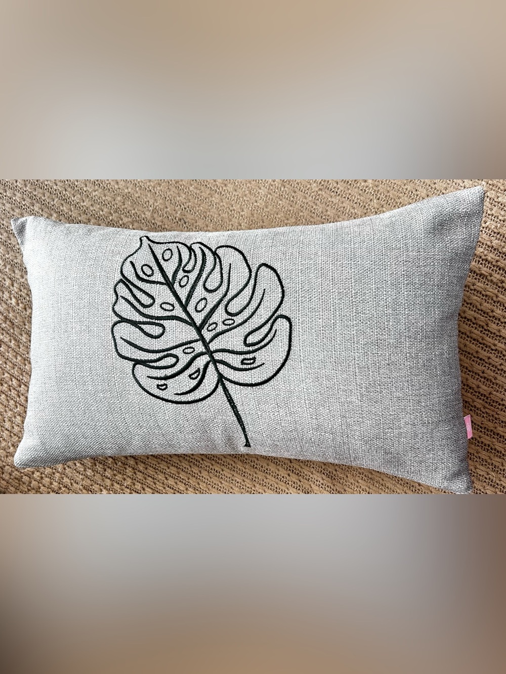 Embroidered Monstera Leaf linen fabric Pillowcase cover Light Gray